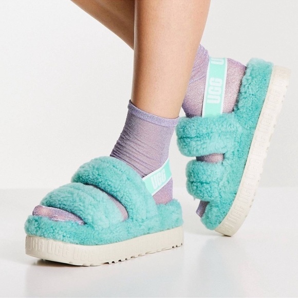 UGG Oh Fluffita Sherpa Platform Sandals Inside Outside Tiffany Blue Size 8 Women - Picture 1 of 9